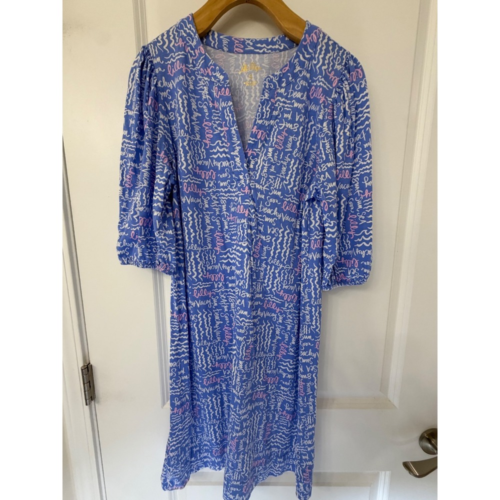 Lilly‎ Pulitzer Blue Pink Sea You Soon Cotton Knit Puff Sleeve Shift Dress Small